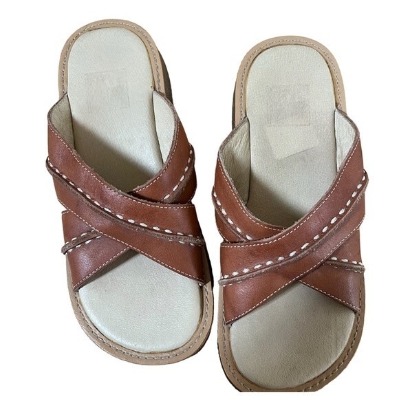 FRYE Hobart X Band Leather Slide Sandals in Camel Tan 6M - Picture 1 of 11